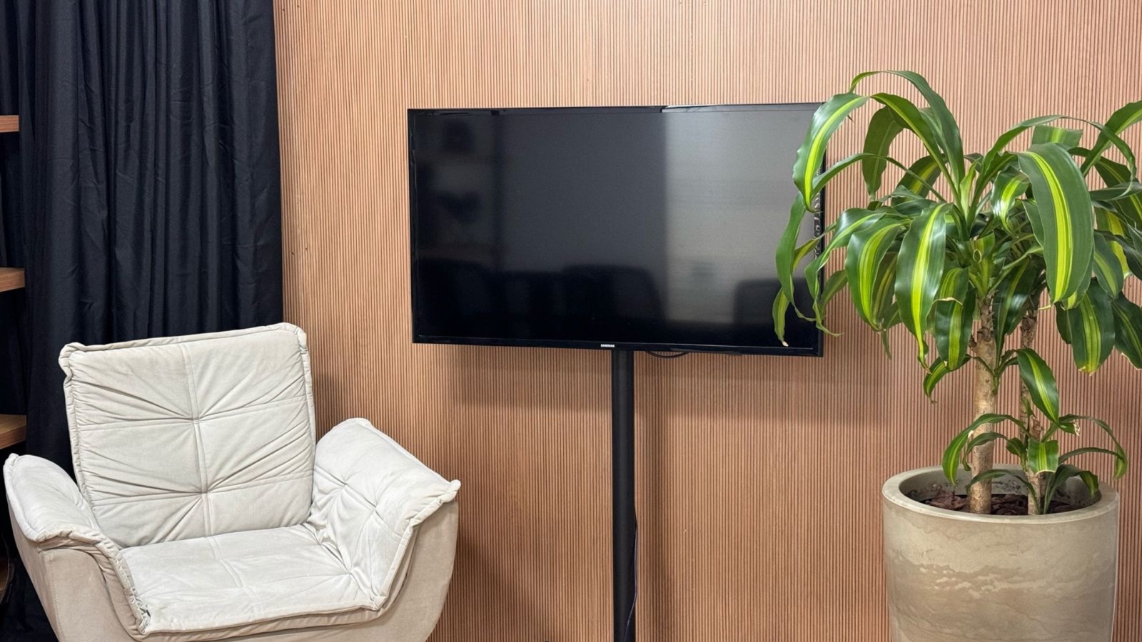 Lounge do estúdio Keny com TV e plantas
